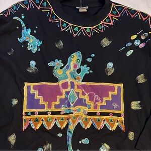 Vintage 80s Fast CA Painted Aztec Lizards Oversized 3/4 Slv Shirt Top Plus XL 2X